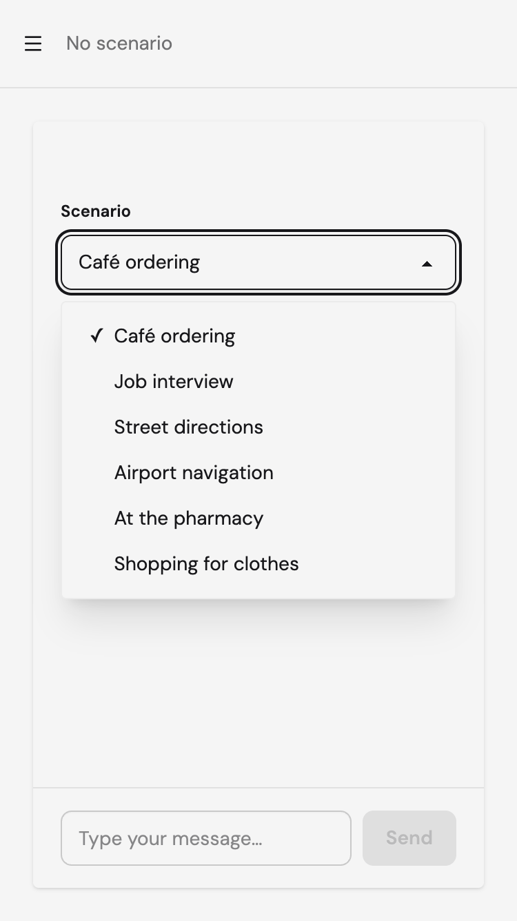 Scenario picker with options like café ordering, job interview, and airport navigation